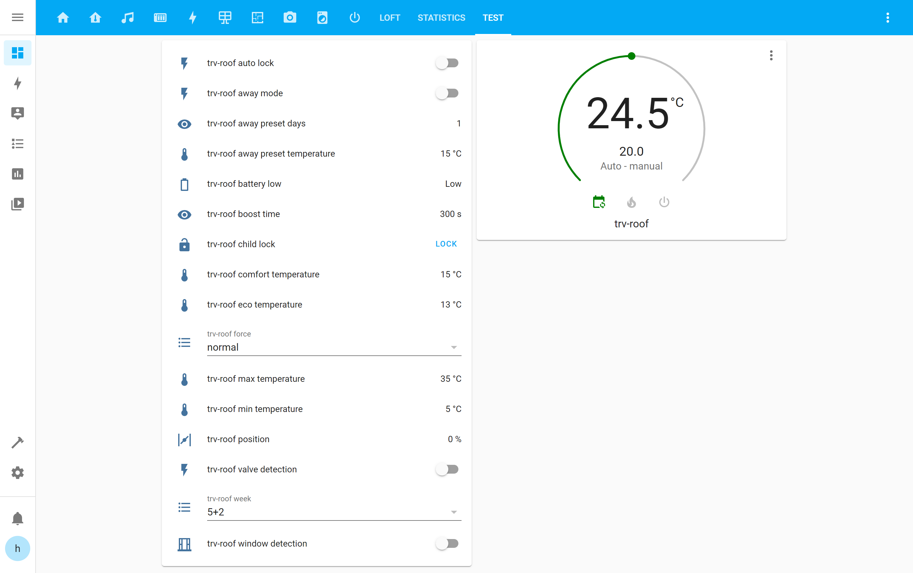Home Assistant screen with TRV controls