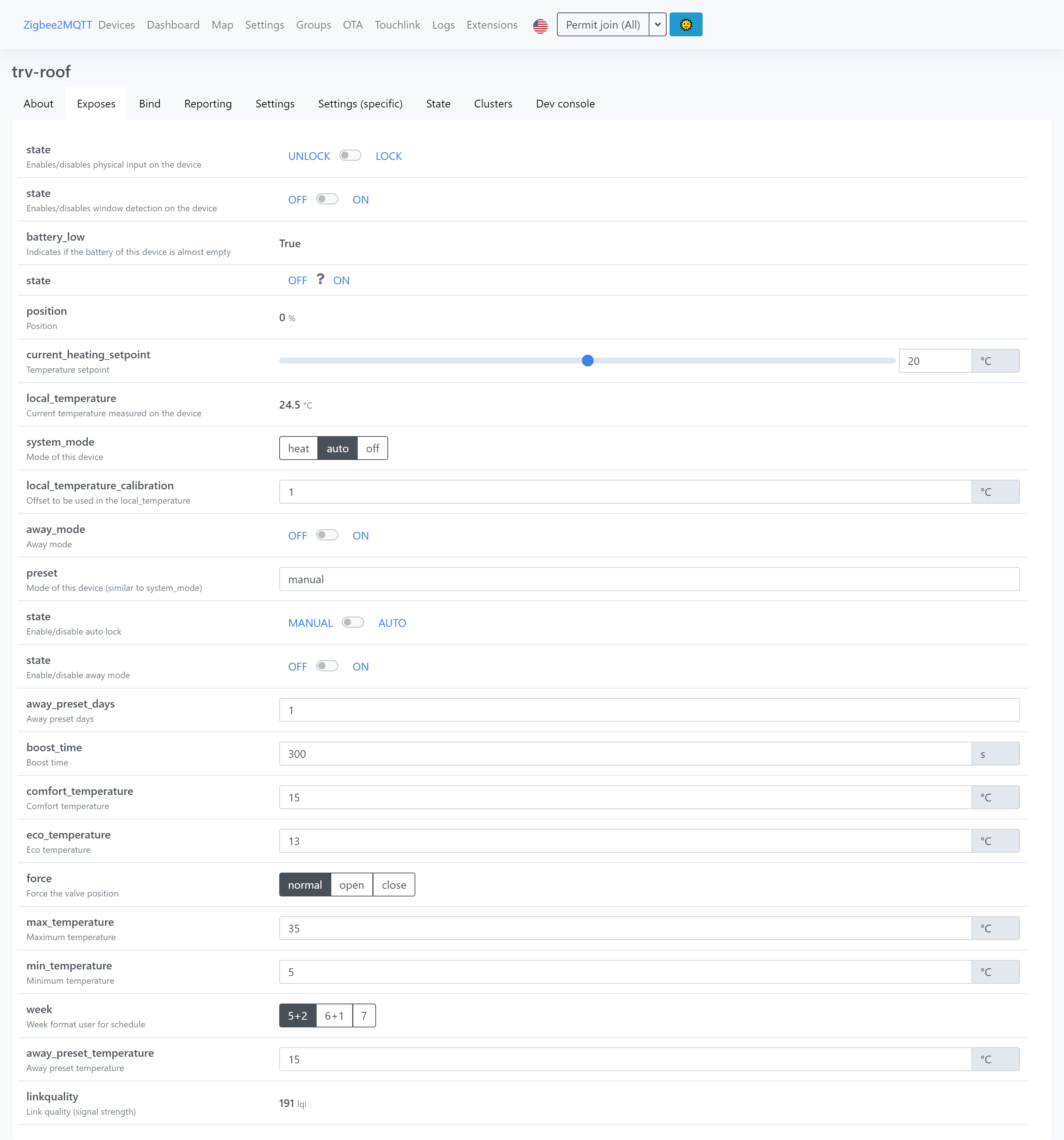 Home Assistant screen with TRV controls