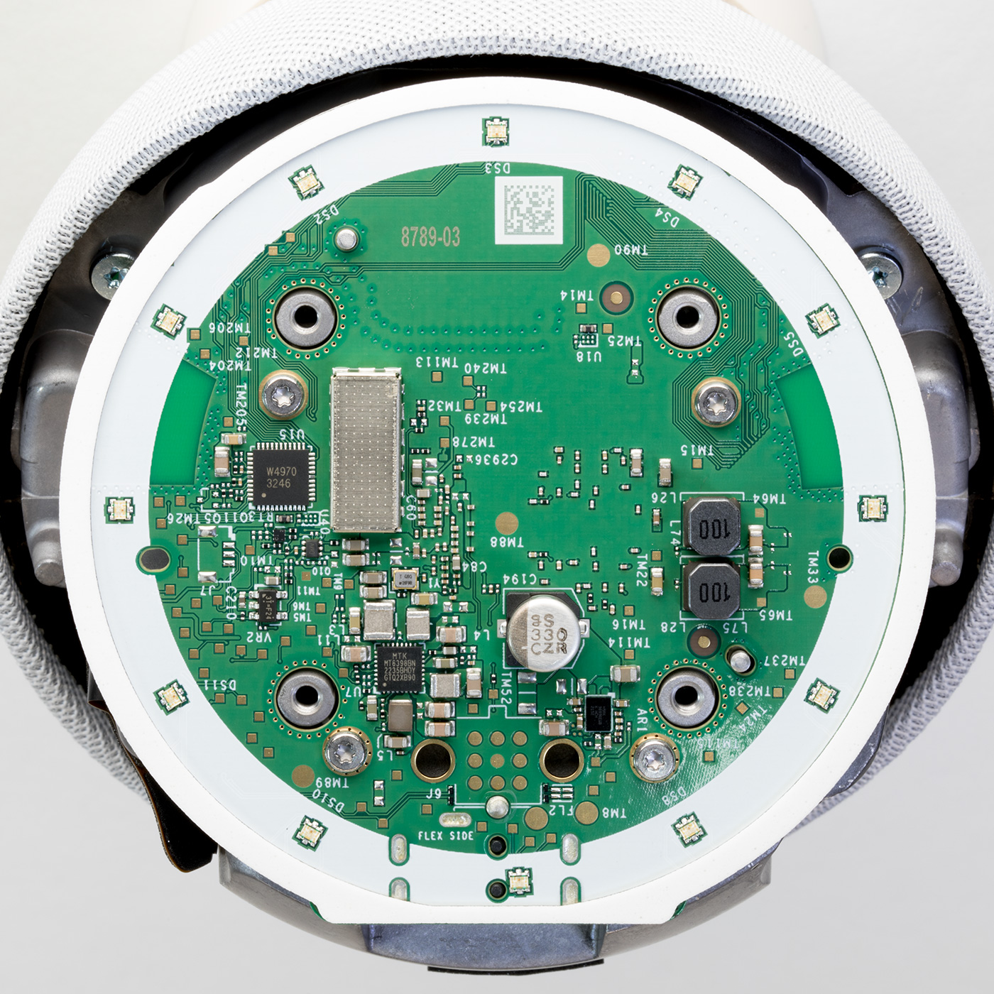 Top half of the case with the main PCB, with RGB LEDS around the edge.