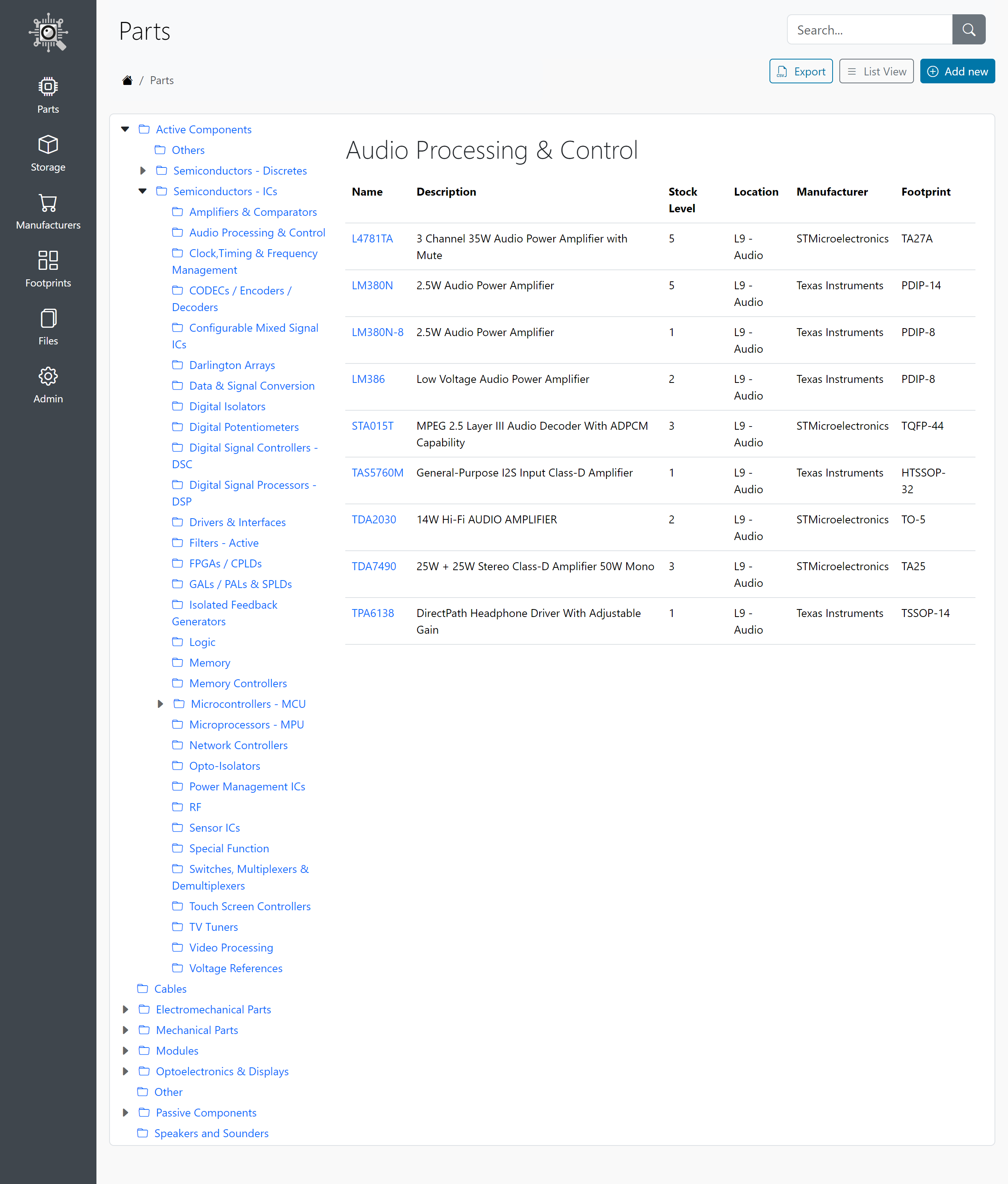 Parts Overview Screen
