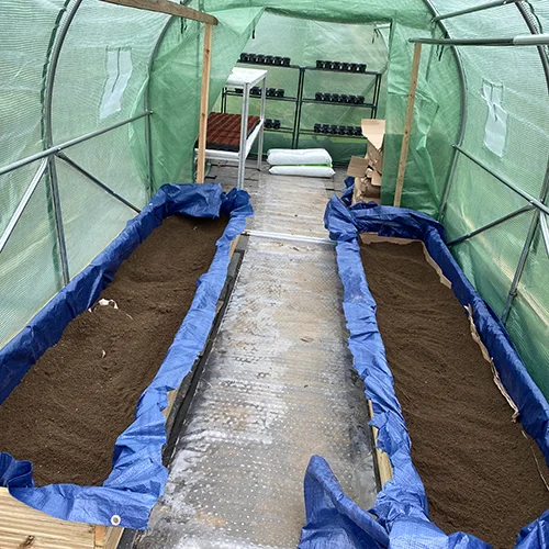 First polytunnel inside with raised beds